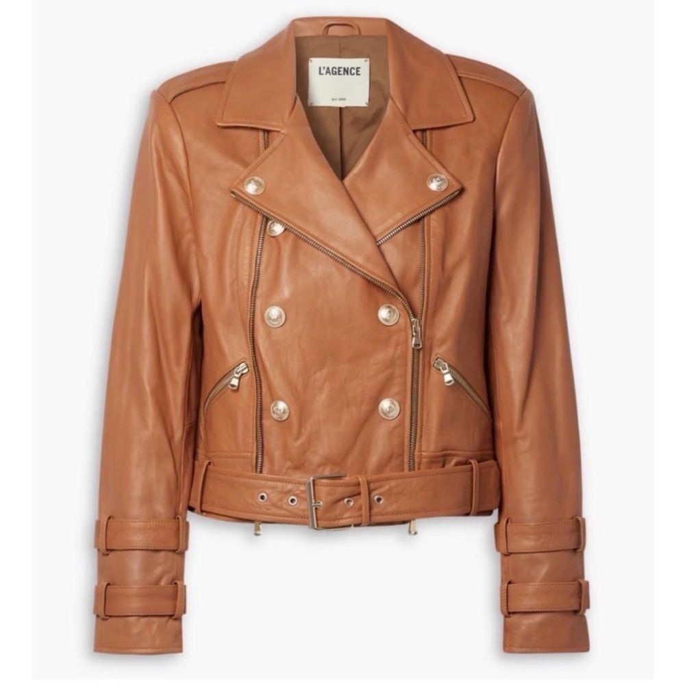 L’AGENCE Billie Cognac Leather Belted Moto Jacket Size XS EUC